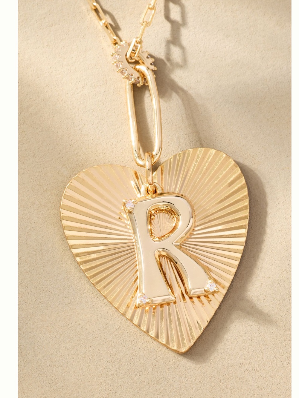 Anthropologie 14KT Gold Plated Monogram Necklace Fluted Heart Pendant Letter R